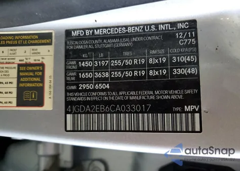 2012 Mercedes-Benz Ml 350 Bluetec из США, поврежденный, VIN 4JGDA2EB6CA033017